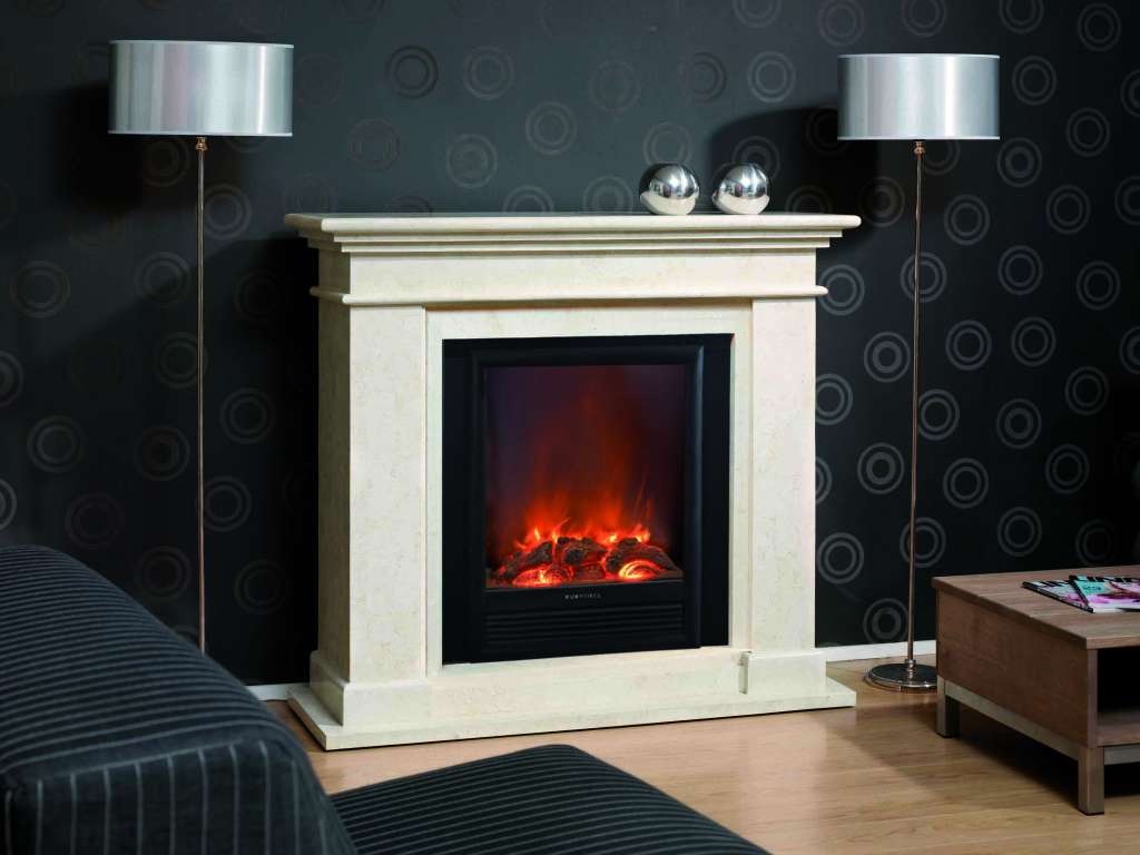 Elektrokamin Wohnzimmer Elektrokamin Kos, Fossilsteinmarmor creme-weiß / Garvens