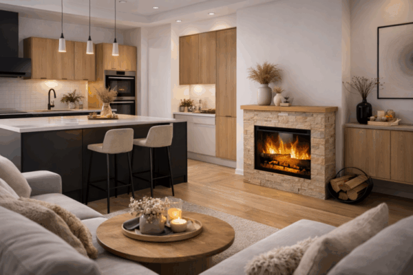 Aerzener Elektrokamin Amrum Schiefer hell mit Echtholz-Oberplatte